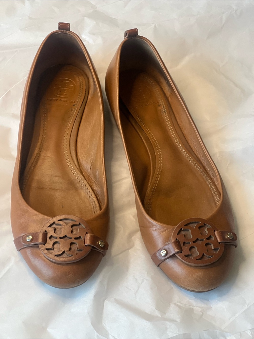 Tory Burch Tan Leather Logo Ballet Flats